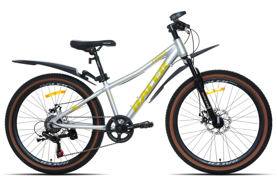 Велосипед Racer Tempo 24 серебристый с желтым логотипом 2025 рост 12 (в комплекте с защитой цепи)  
